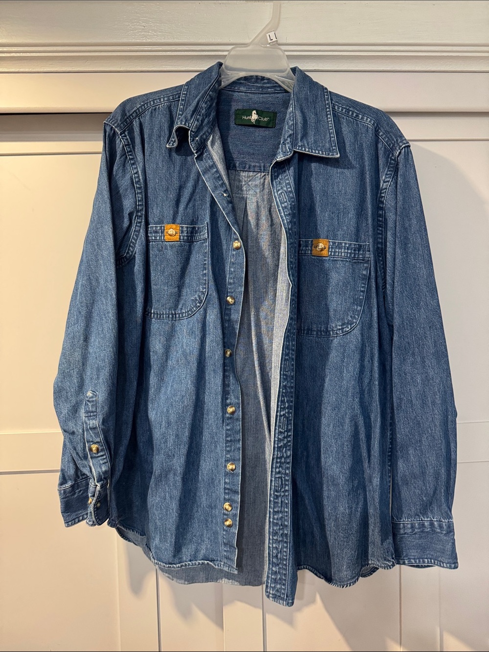 Hunt Club Denim Button-Down Shirt in Blue with Gold Buttons